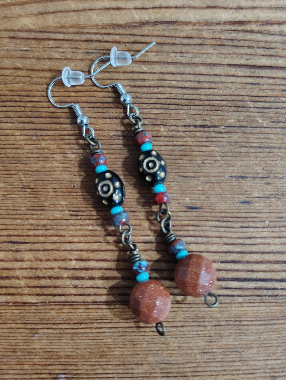 Boho Goldstone and Turquoise Bead Dangle Earrings,  Handmade Ladies Earrings
